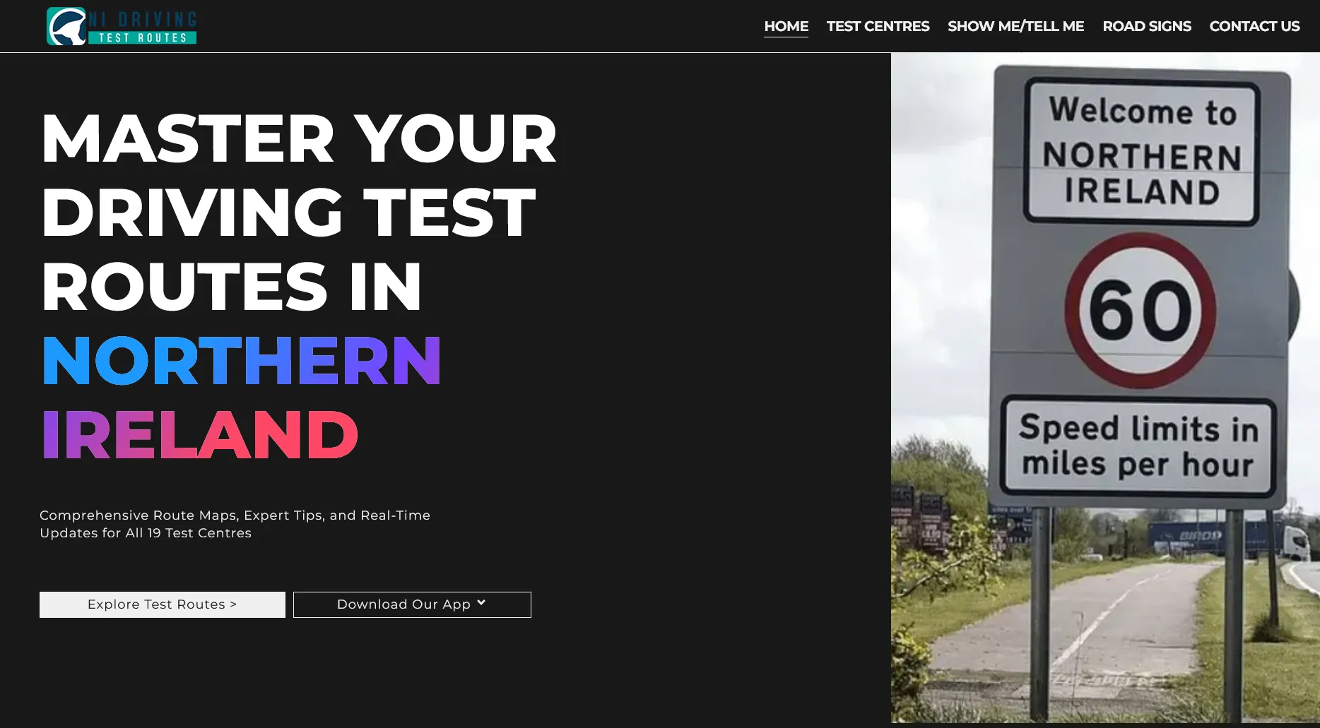 NI Driving Test Routes homepage: headline, call-to-action buttons and a road-sign photo