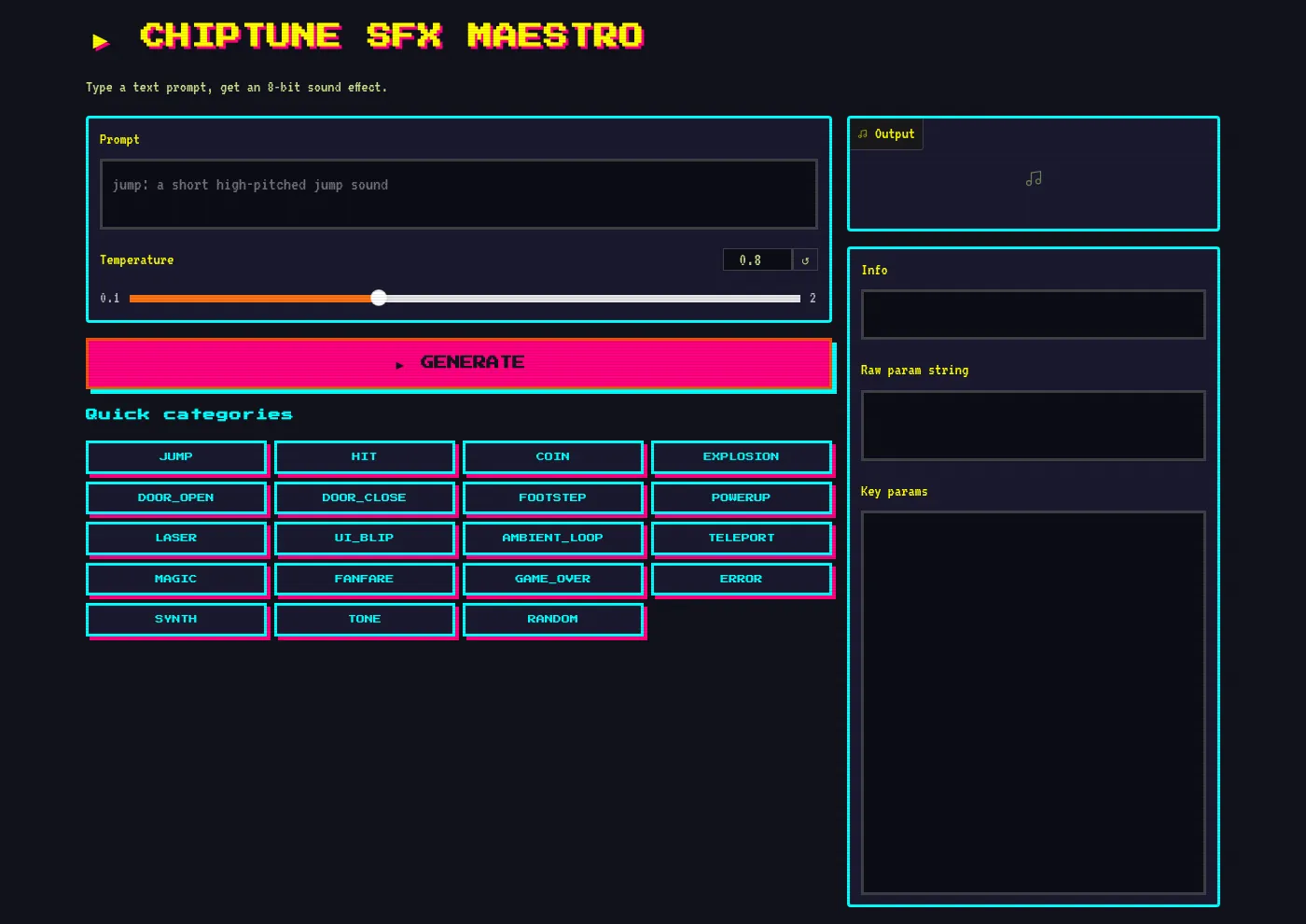Chiptune SFX Maestro interface: prompt box, temperature slider, generate button and quick categories